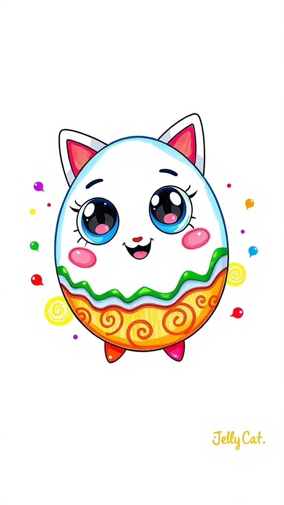 A colorful egg jellycat drawing with big eyes and a smile, surrounded by bright patterns.